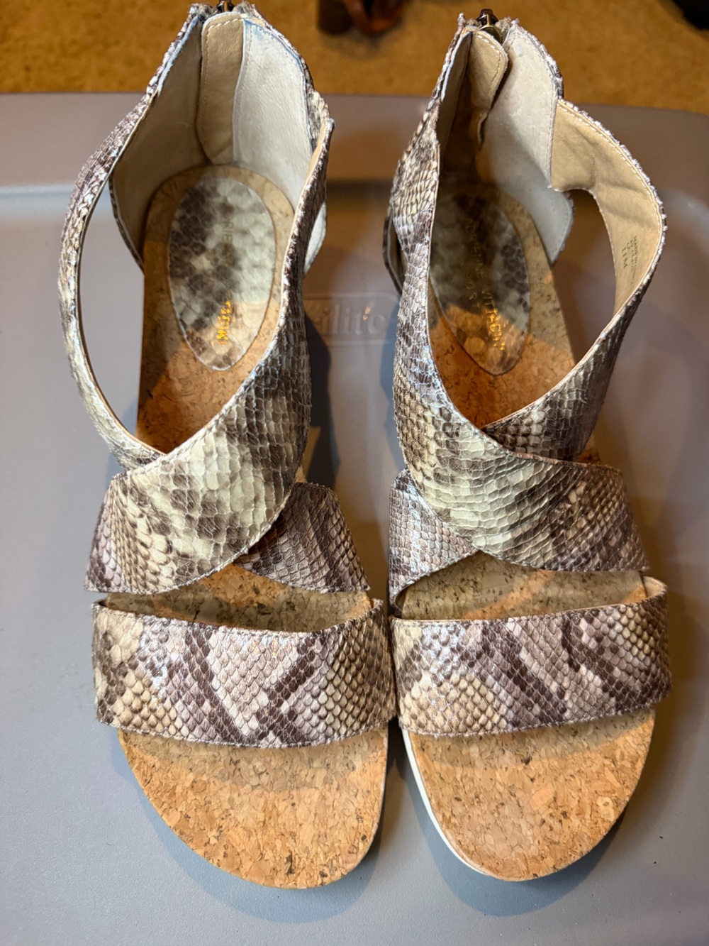 Adrienne Vittadini Snake-Print Wedge Sandals in Neutral Brown and Cream
